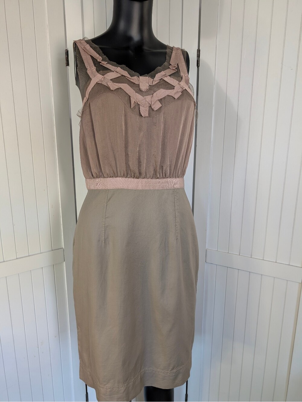 Ann Taylor LOFT Ribbon Trim Mesh Sheath Dress Taupe Beige Sleeveless Size 6